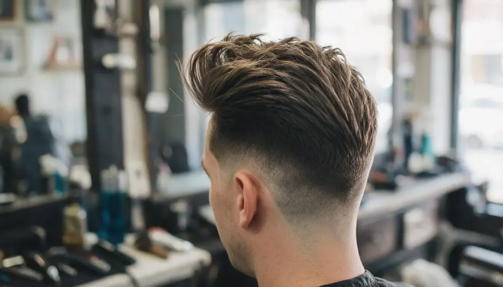 Man with a slick back hairstyle in a modern barbershop showing a clean finish ideal for square face shapes