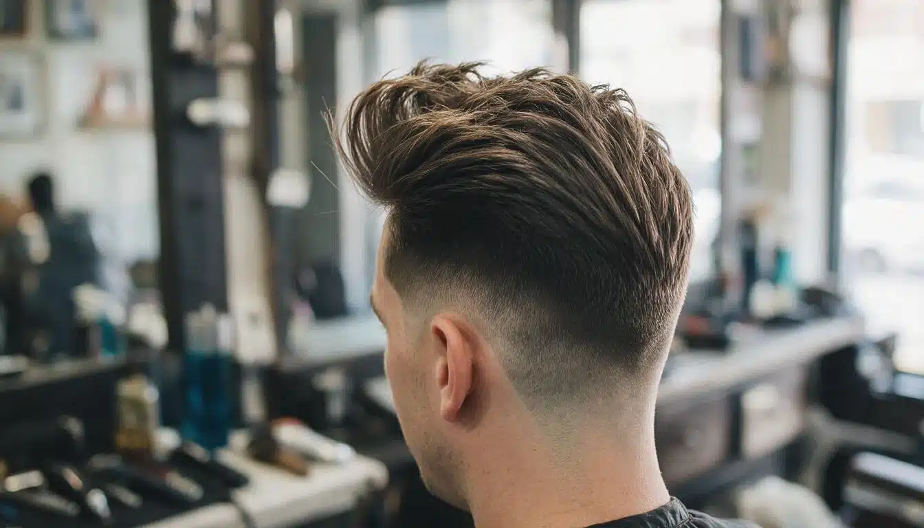 Man with a slick back hairstyle in a modern barbershop showing a clean finish ideal for square face shapes