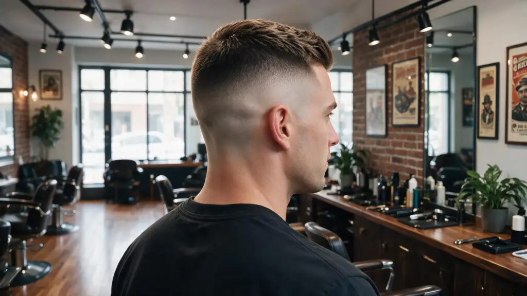 Rear view of a high and tight fade haircut with short blended sides textured top and a clean modern barbershop finish