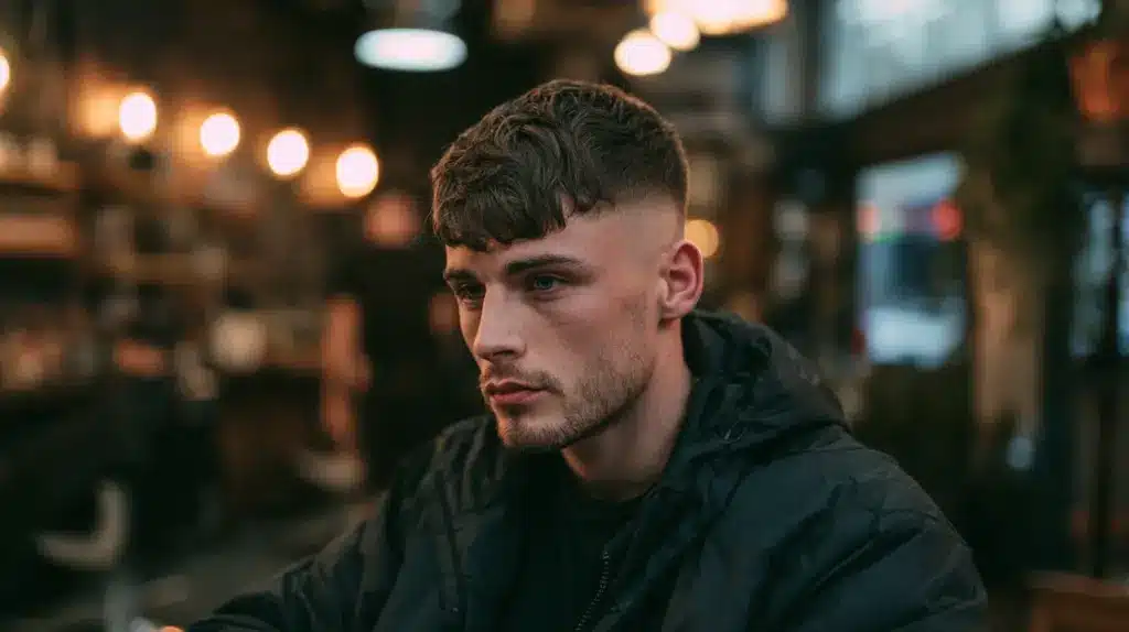 Young man with edgar haircut showing blunt fringes fades and textured styles for haircut inspiration