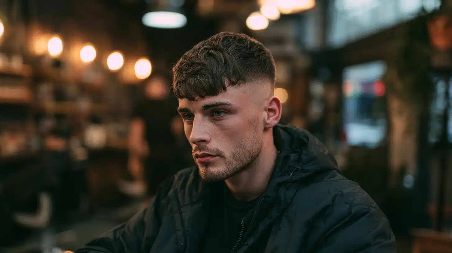 Young man with edgar haircut showing blunt fringes fades and textured styles for haircut inspiration