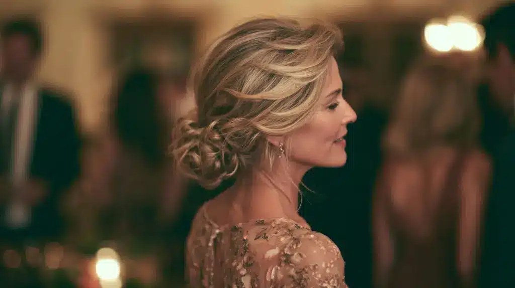 mother of the bride with a loose low bun and soft face framing layers at an elegant evening wedding reception day