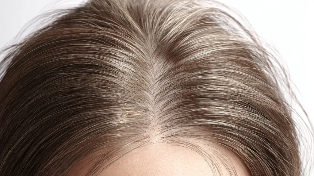 Close-up of brown hair showing noticeable gray roots growing in along the center part against a bright white background.