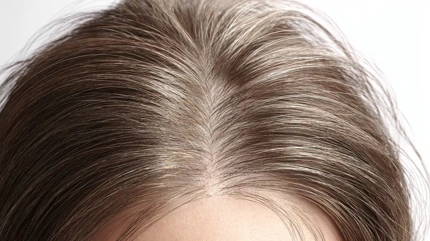Close-up of brown hair showing noticeable gray roots growing in along the center part against a bright white background.
