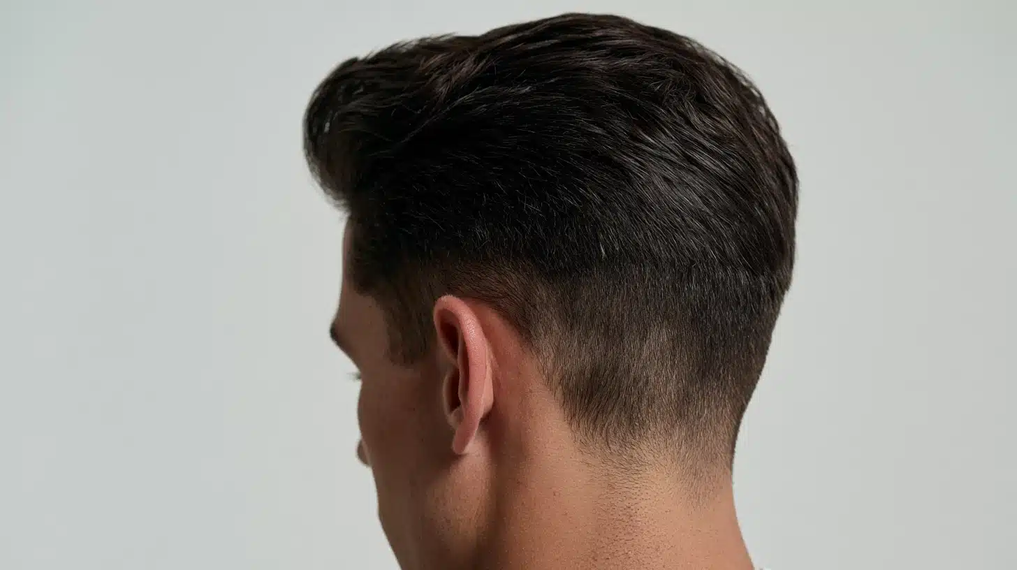 A back-and-side view of a man's clean, classic taper fade haircut with thick, dark hair styled smoothly back.