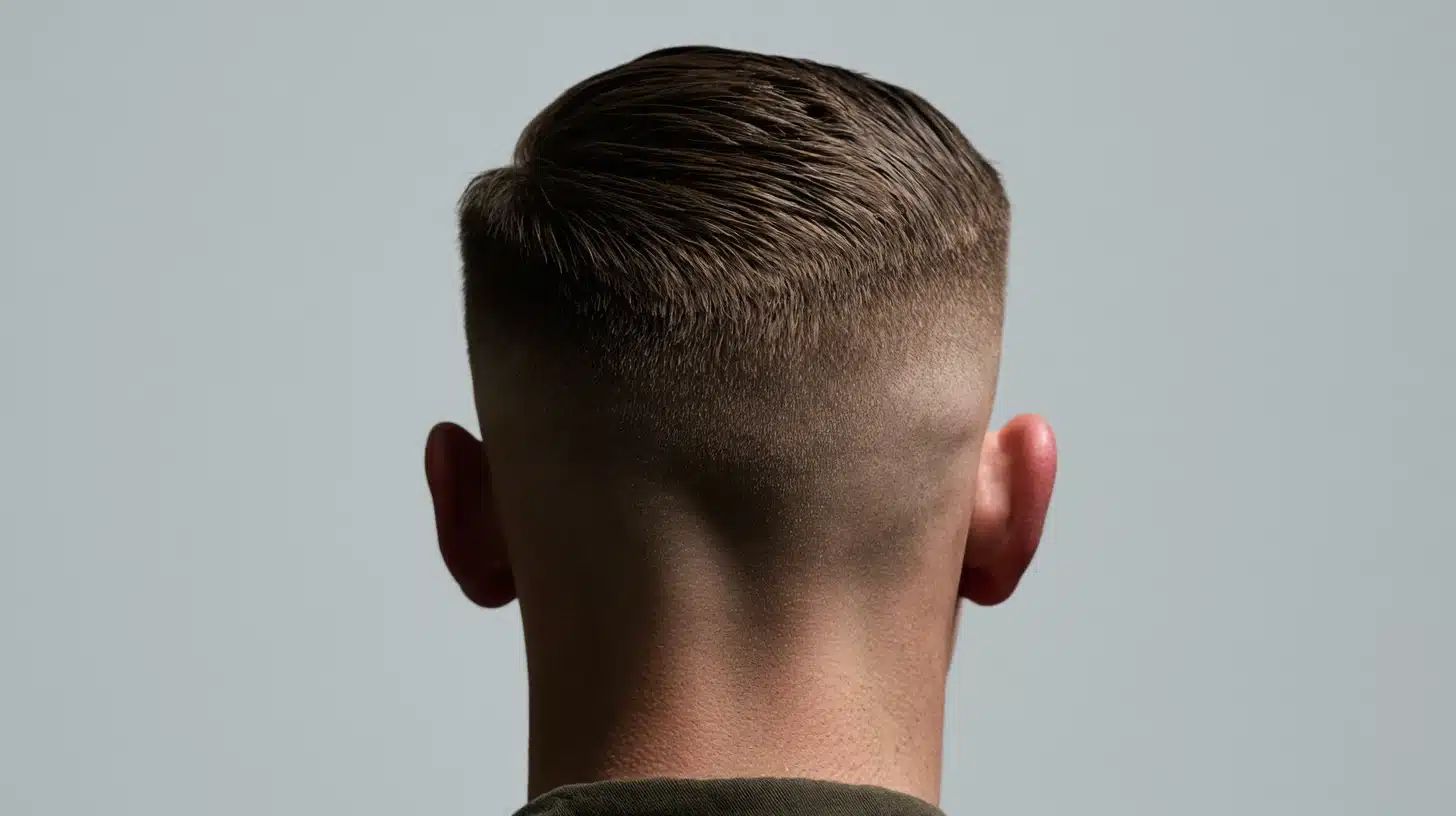 A back view of a man showing a short, neatly styled pompadour haircut with a clean skin fade on the sides and back.