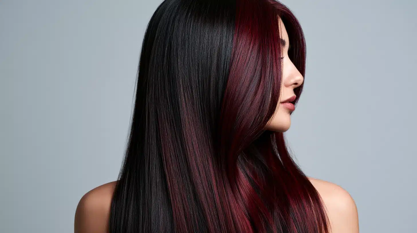 A beautiful Asian woman displays long hair with burgundy and black skunk stripes, highlighting her striking appearance.