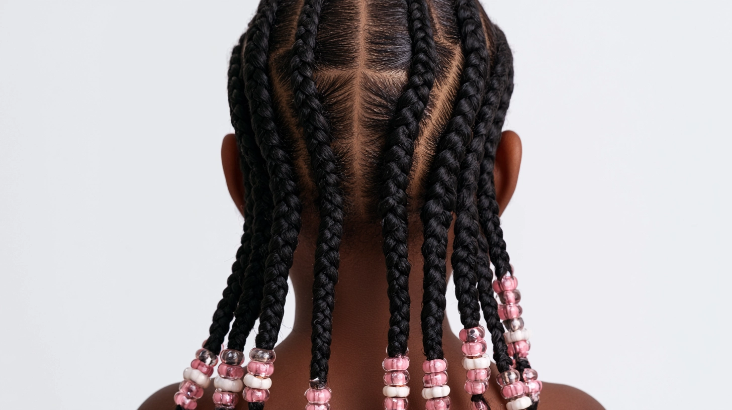 A child with beautifully styled braids, reflecting a fashionable and playful look.