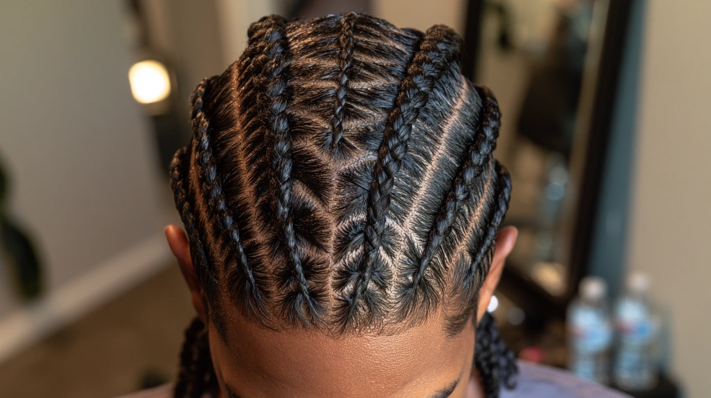A close-up of a man featuring intricate braids, highlighting his unique hair design.