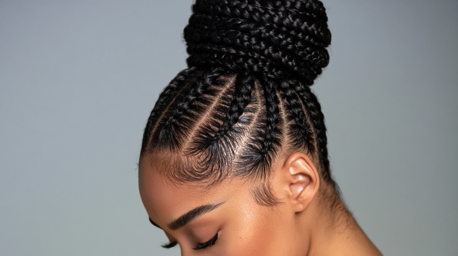 A close-up of a woman featuring a stylish braided bun, highlighting her beauty.