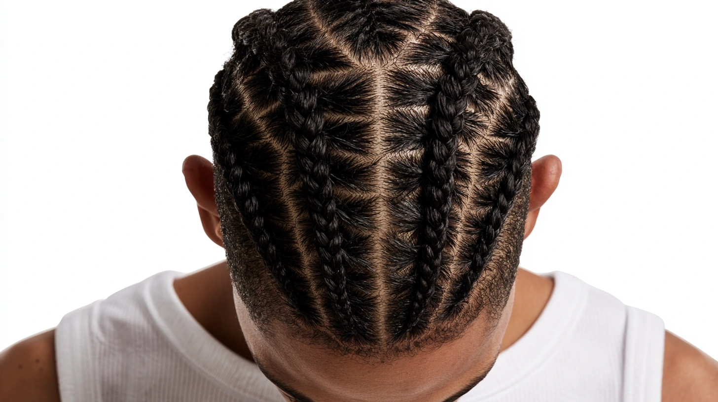 A man showcasing stylish braids in his hair, highlighting a trendy hairstyle.