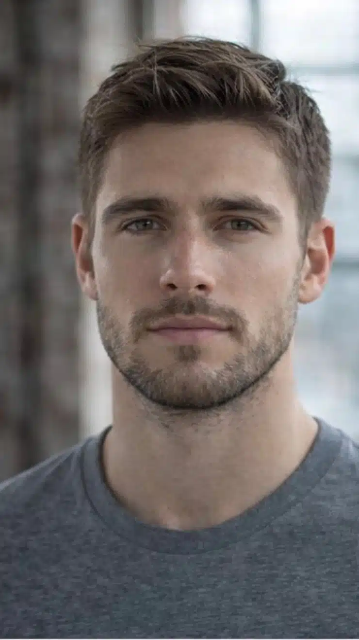 A man with a beard wearing a grey shirt, showcasing a crew cut hairstyle on a square-shaped face.