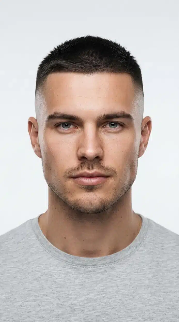 A man with a buzz cut and a square face wearing a grey shirt, looking directly at the camera.