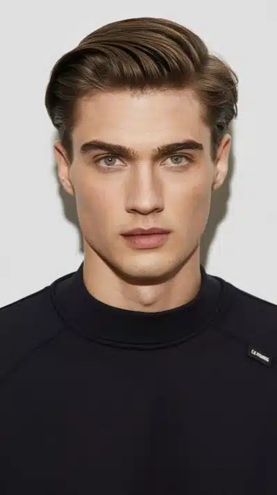 A man with a short pompadour hairstyle and a black turtleneck, showcasing a square face shape.
