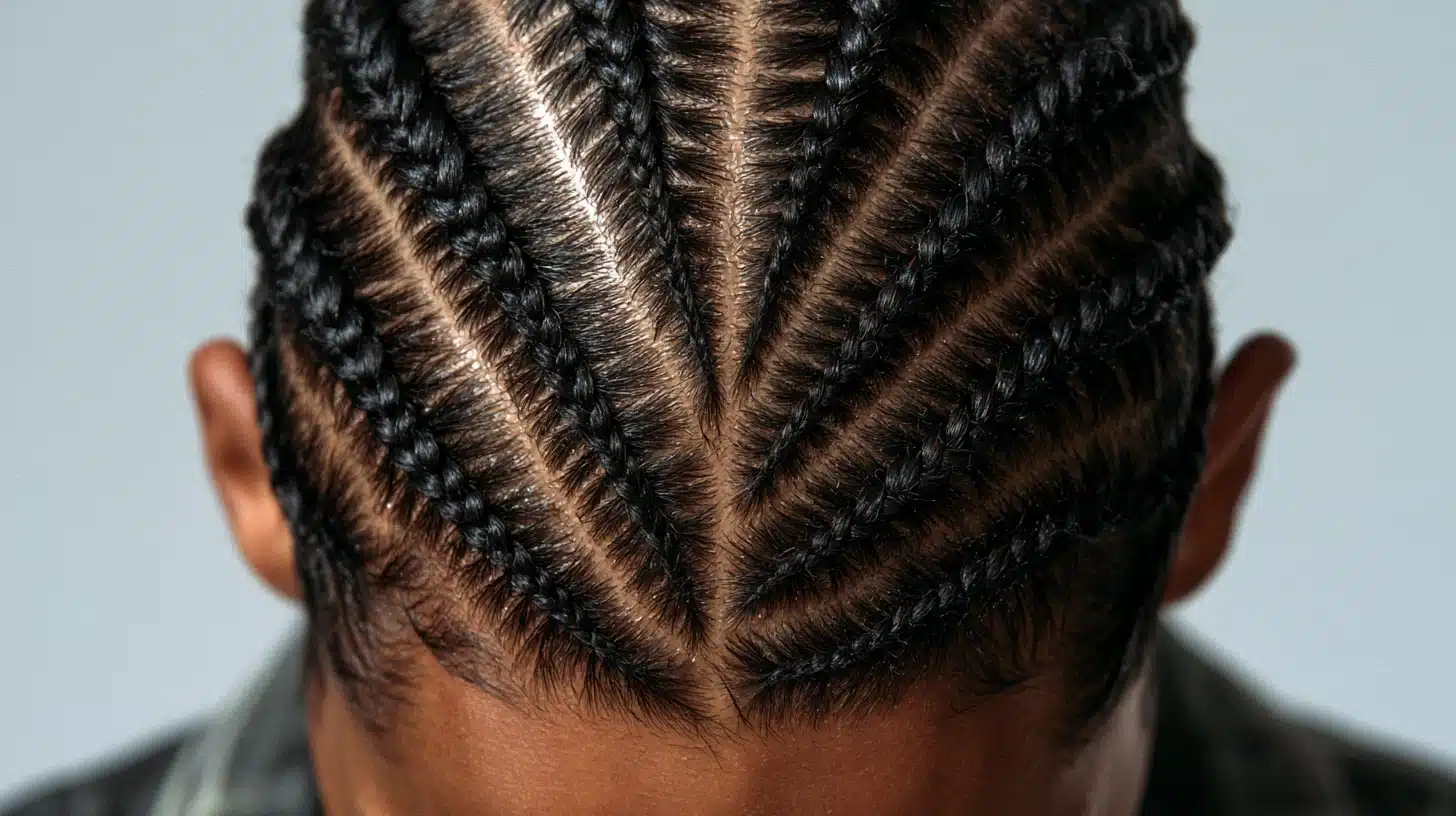 A man with braided hair styled in small sections, showcasing a trendy hairstyle.