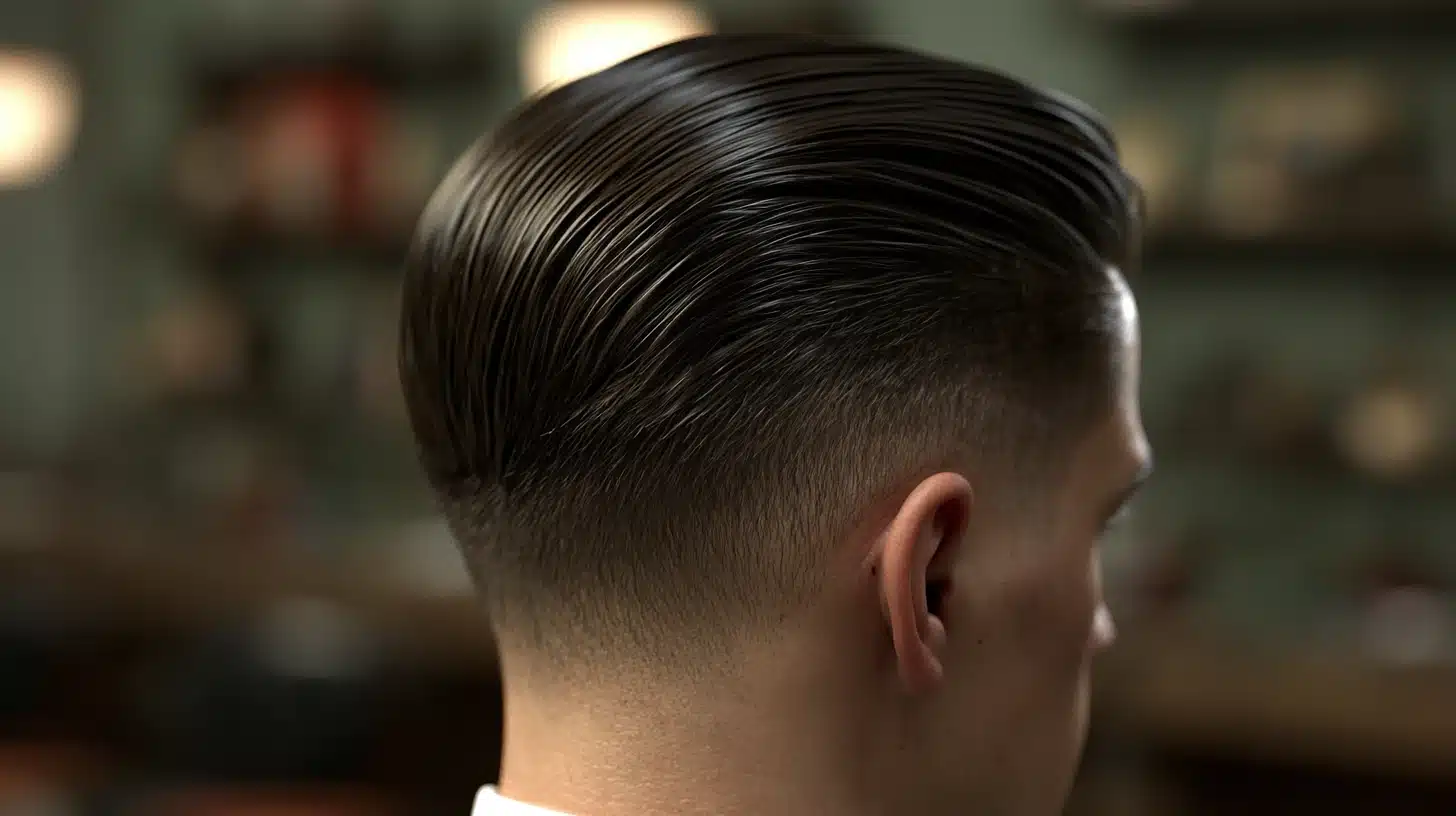 A man with dark, slicked-back hair and a neat undercut is shown from behind in a barbershop setting.
