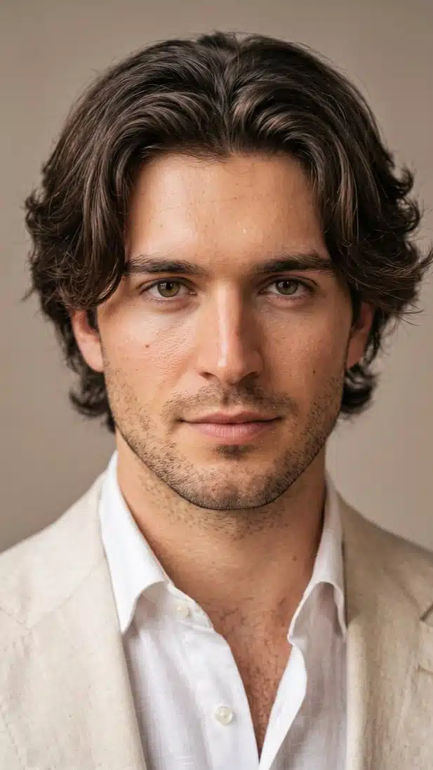 A man with medium-length layered hair, wearing a white shirt, poses against a neutral background, showcasing his square face.
