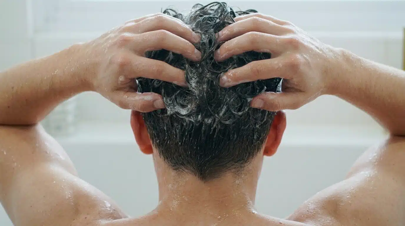 A man is in a bathroom, lathering his hair with shampoo while standing in the bathroom.