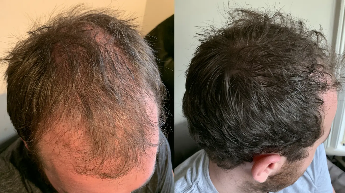 A split screen image of a man, on the left visible hair loss, and on the right visible hair growth.