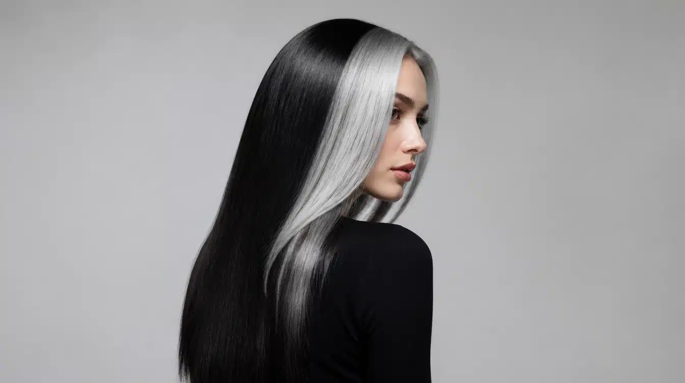 A woman displays long black hair accented with silver highlights, creating a bold skunk stripe effect.