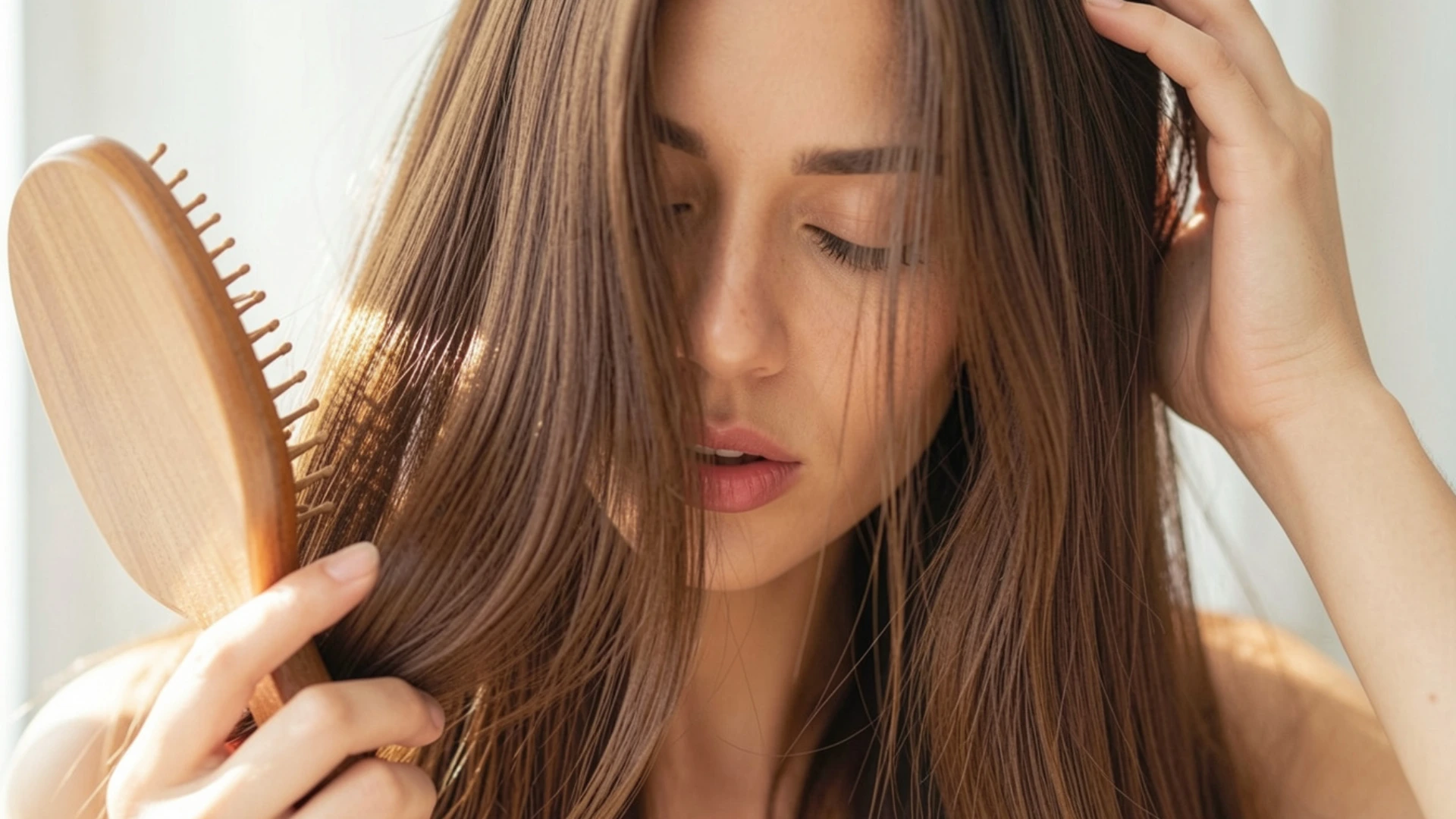 A woman is using a brush to comb her hair, focusing on her reflection in a mirror.