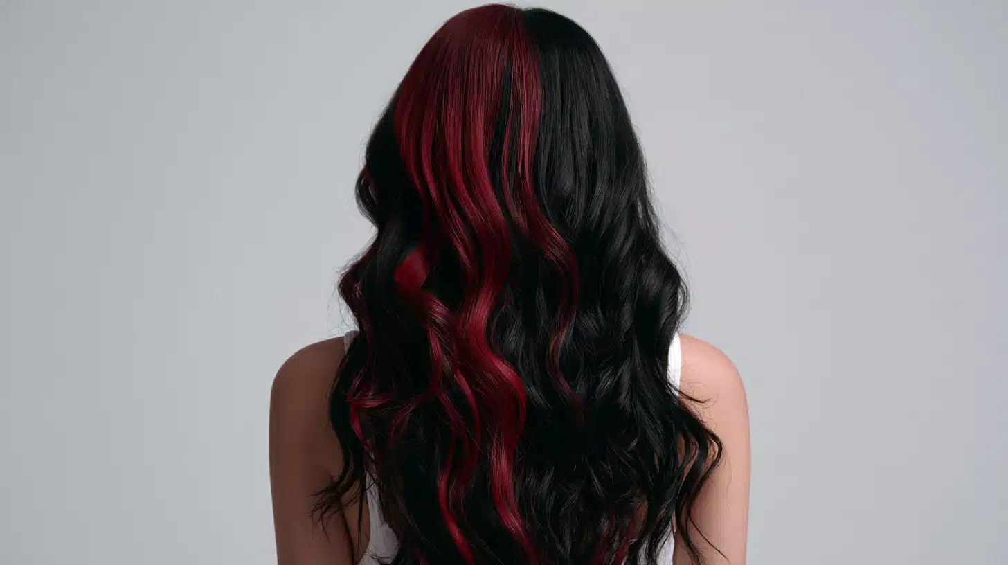 A woman showcases long black hair with bold red skunk stripes integrated throughout.