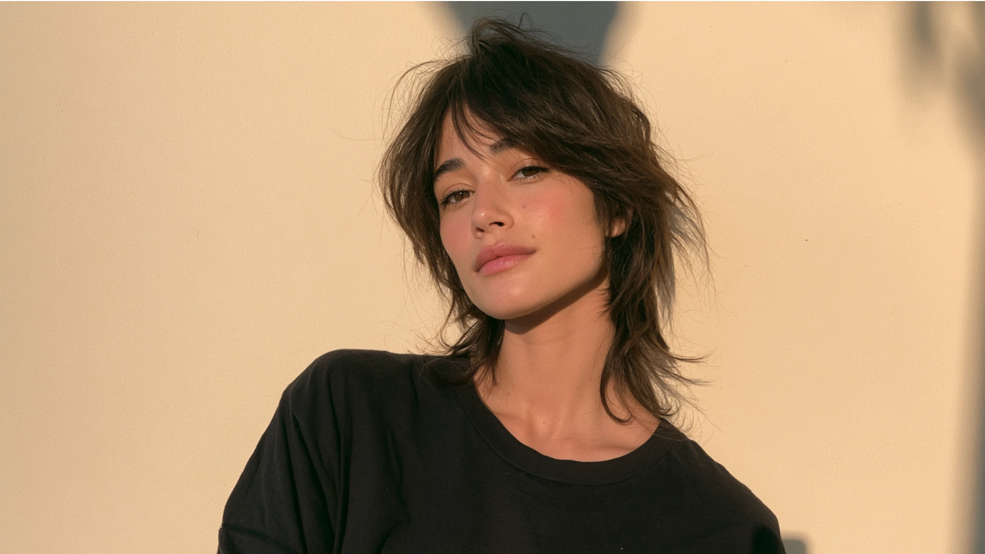 A woman with a mullet haircut wearing a black shirt, showcasing the distinct short front and longer back hairstyle.