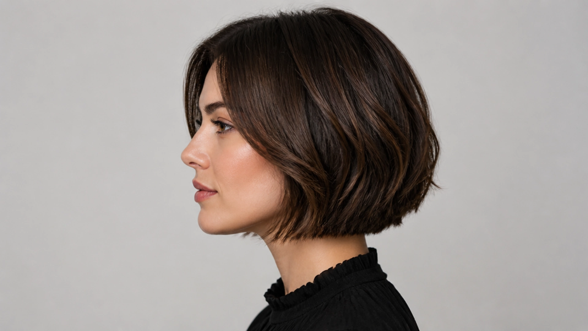 A woman with a short, layered brown bob hairstyle, showcasing texture and volume.