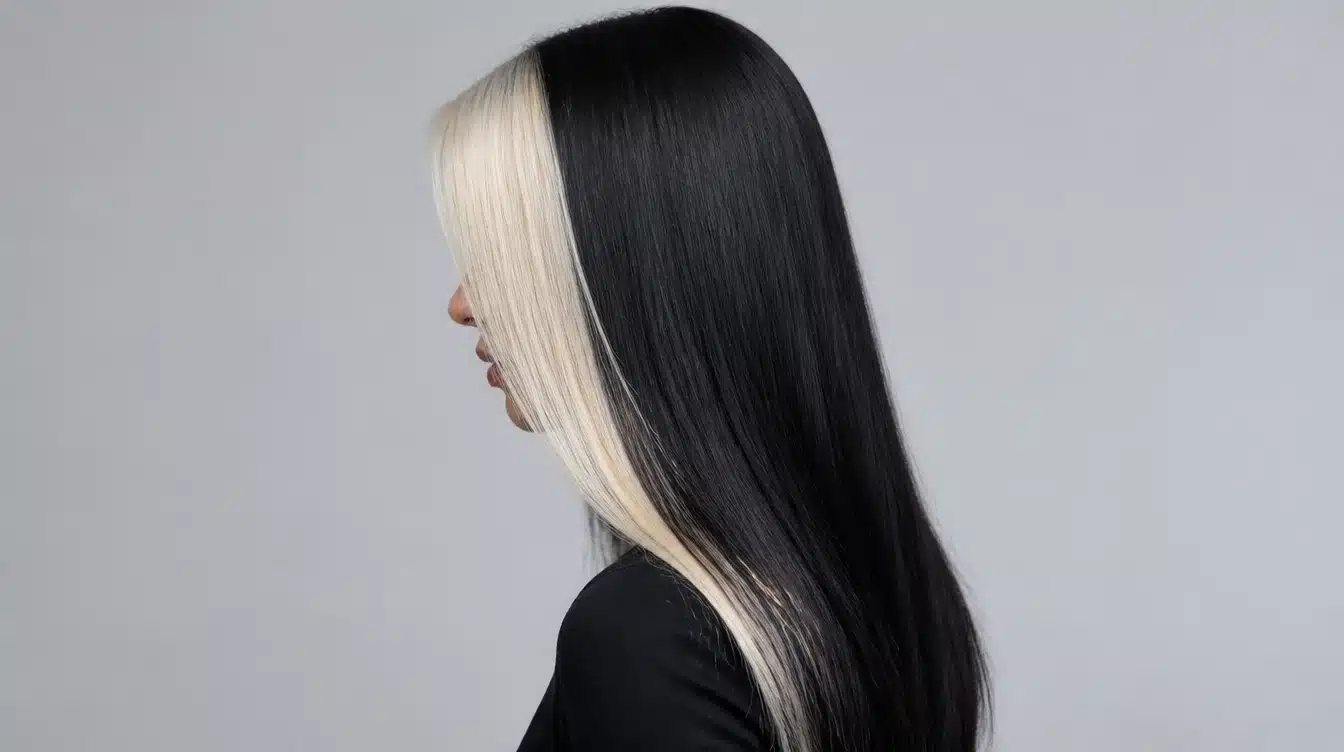 A woman with flowing black hair, highlighted by a bold platinum blonde stripe.