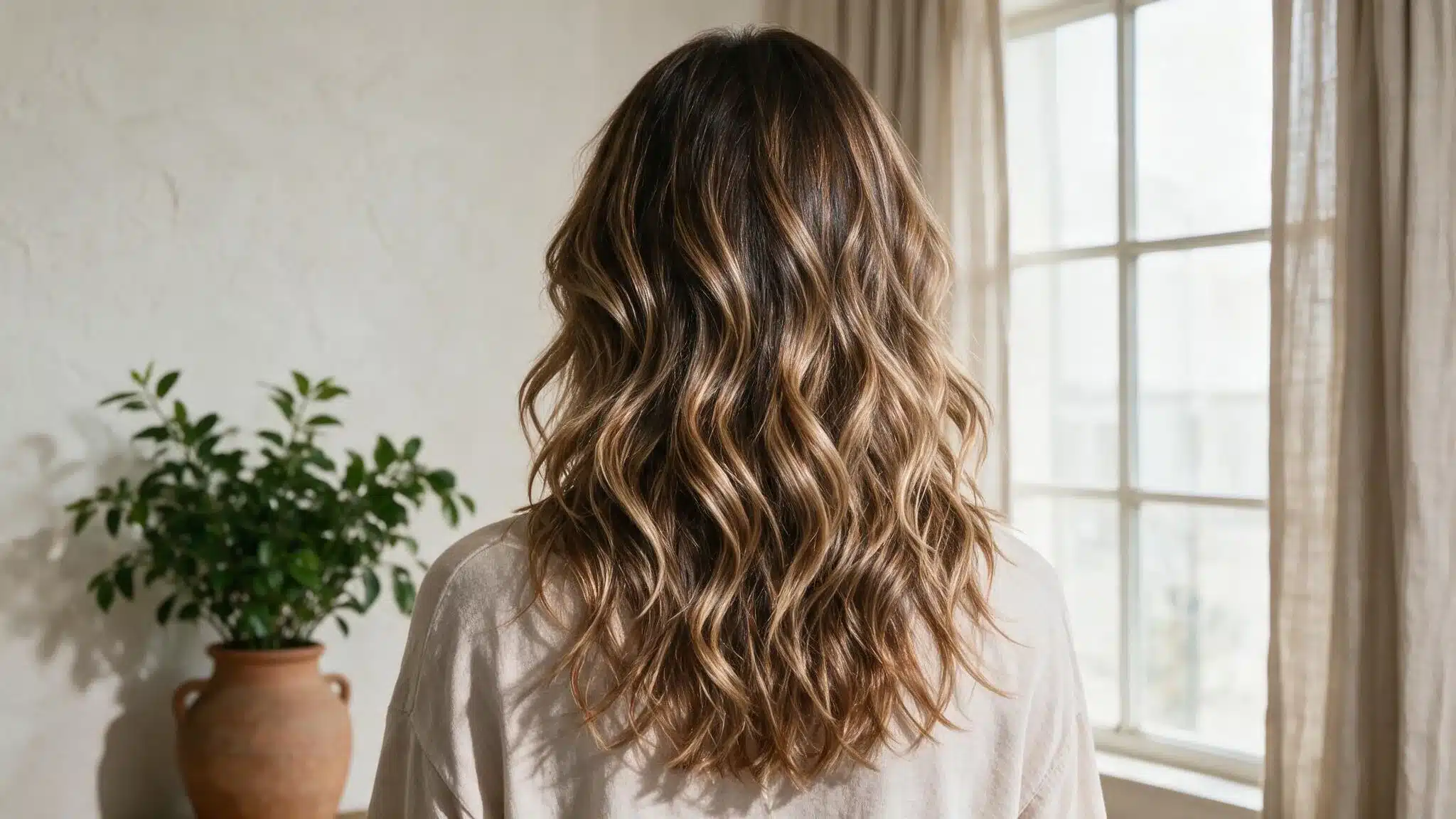 A woman with flowing, wavy hair is seated in front of a window, looking contemplatively outside.