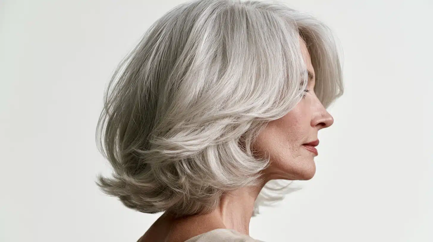 A woman with gray hair wearing a white shirt, smiling softly at the camera.