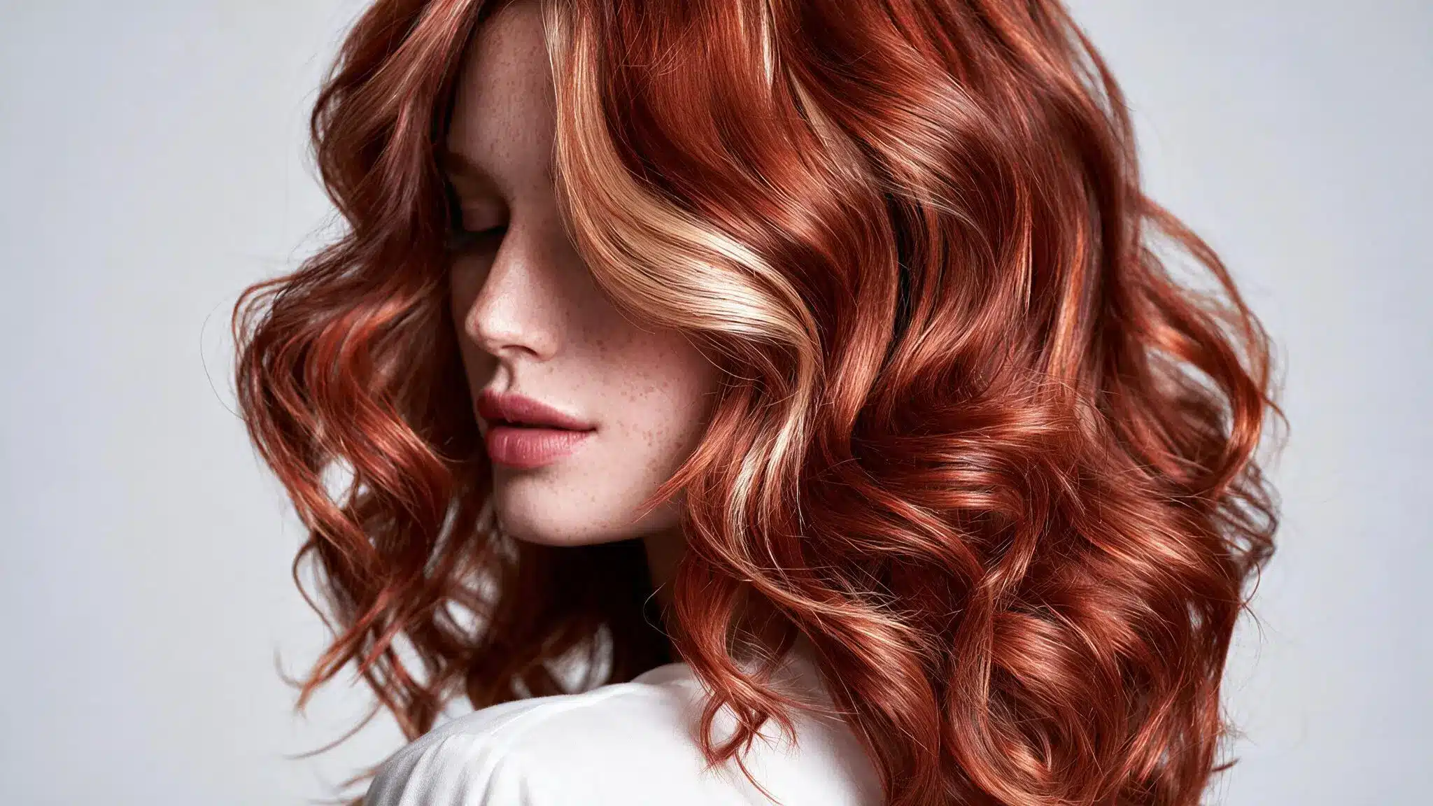 A woman with long auburn hair featuring a blonde skunk stripe, wearing a white shirt.