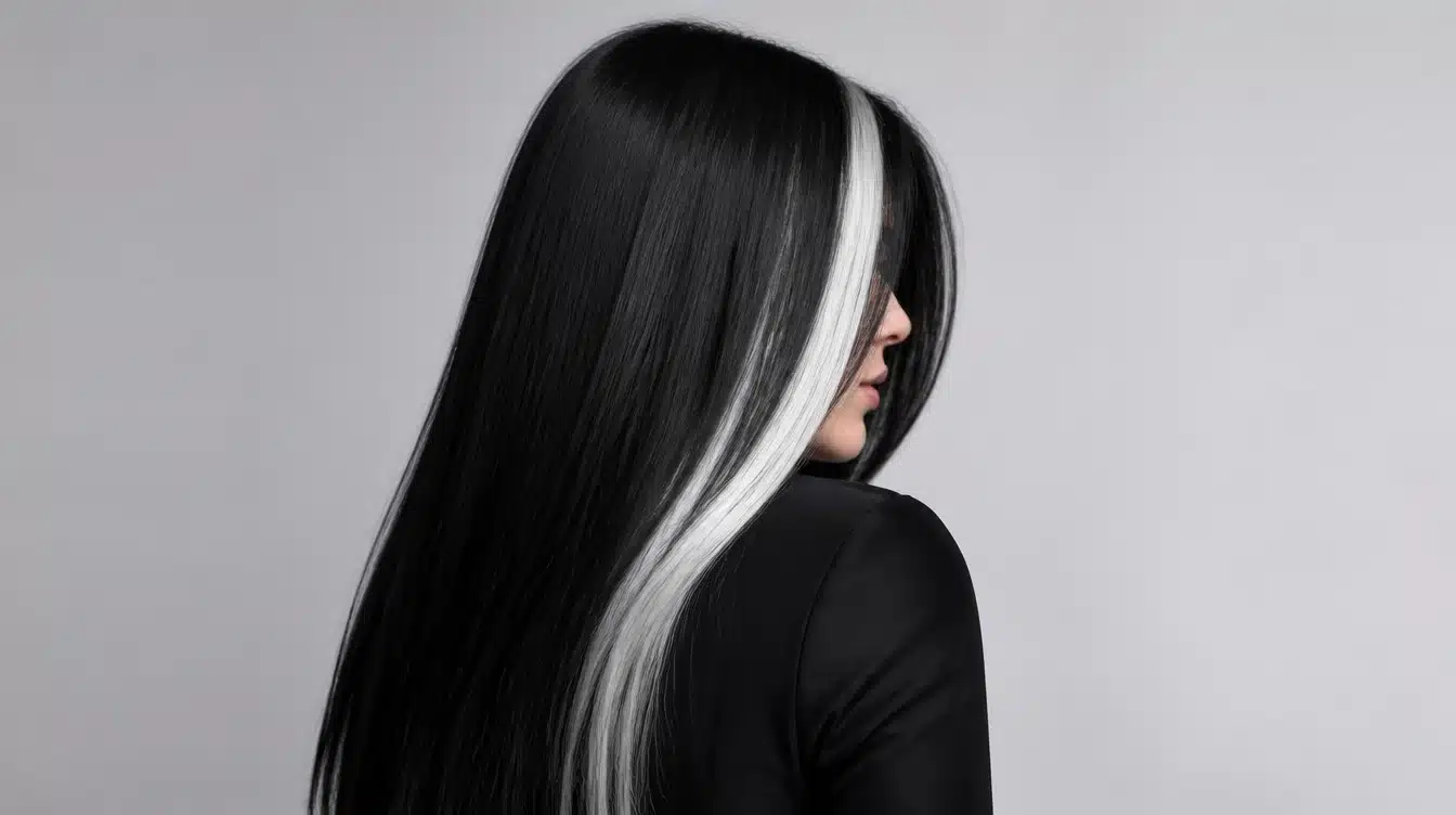 A woman with long black hair featuring a prominent white front streak, showcasing a striking hairstyle.