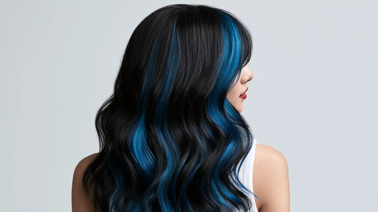A woman with long black hair featuring striking blue skunk stripes, showcasing a bold and unique hairstyle.