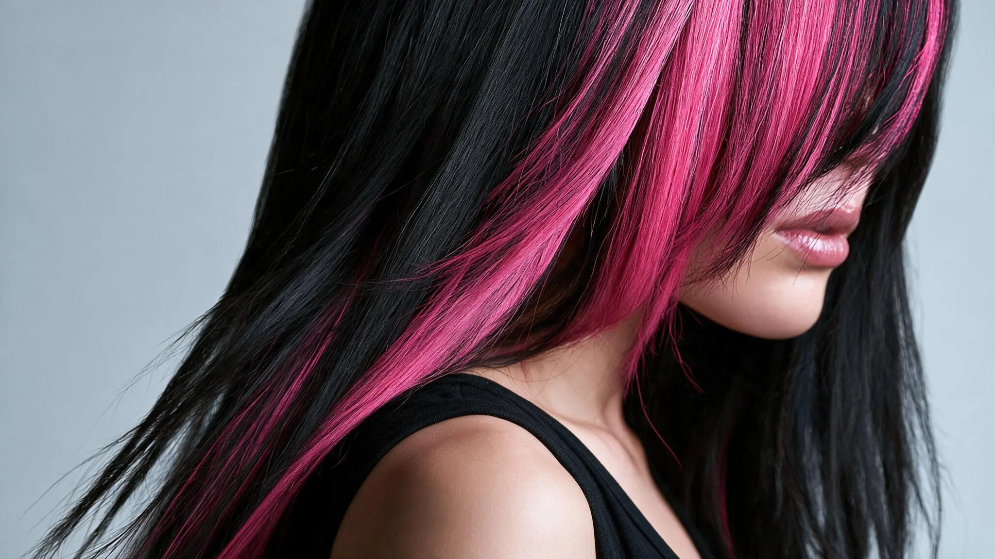 A woman with long black hair featuring vibrant pink highlights, showcasing a striking hair dye style.