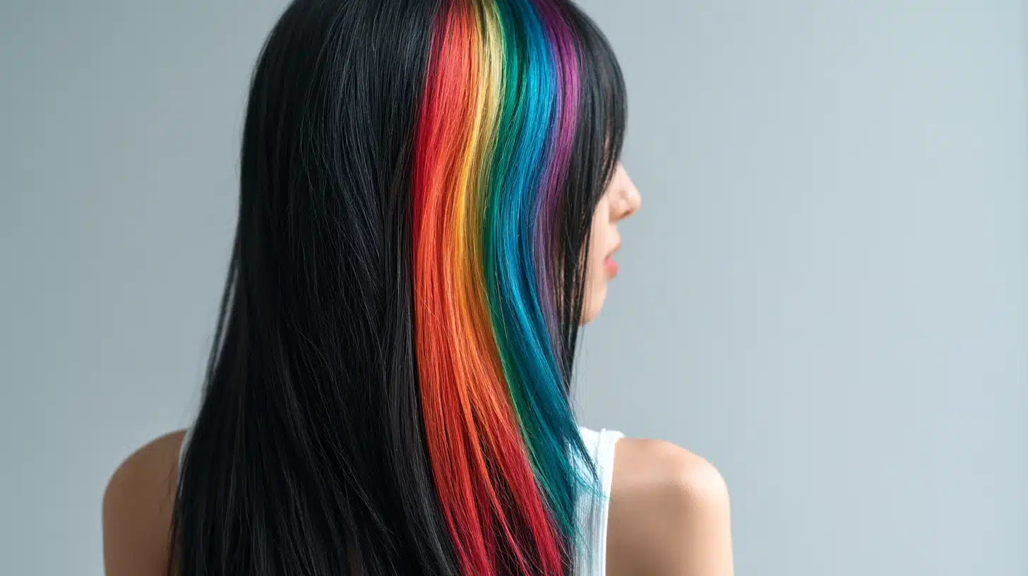 A woman with long black hair featuring vibrant rainbow-colored streaks throughout.