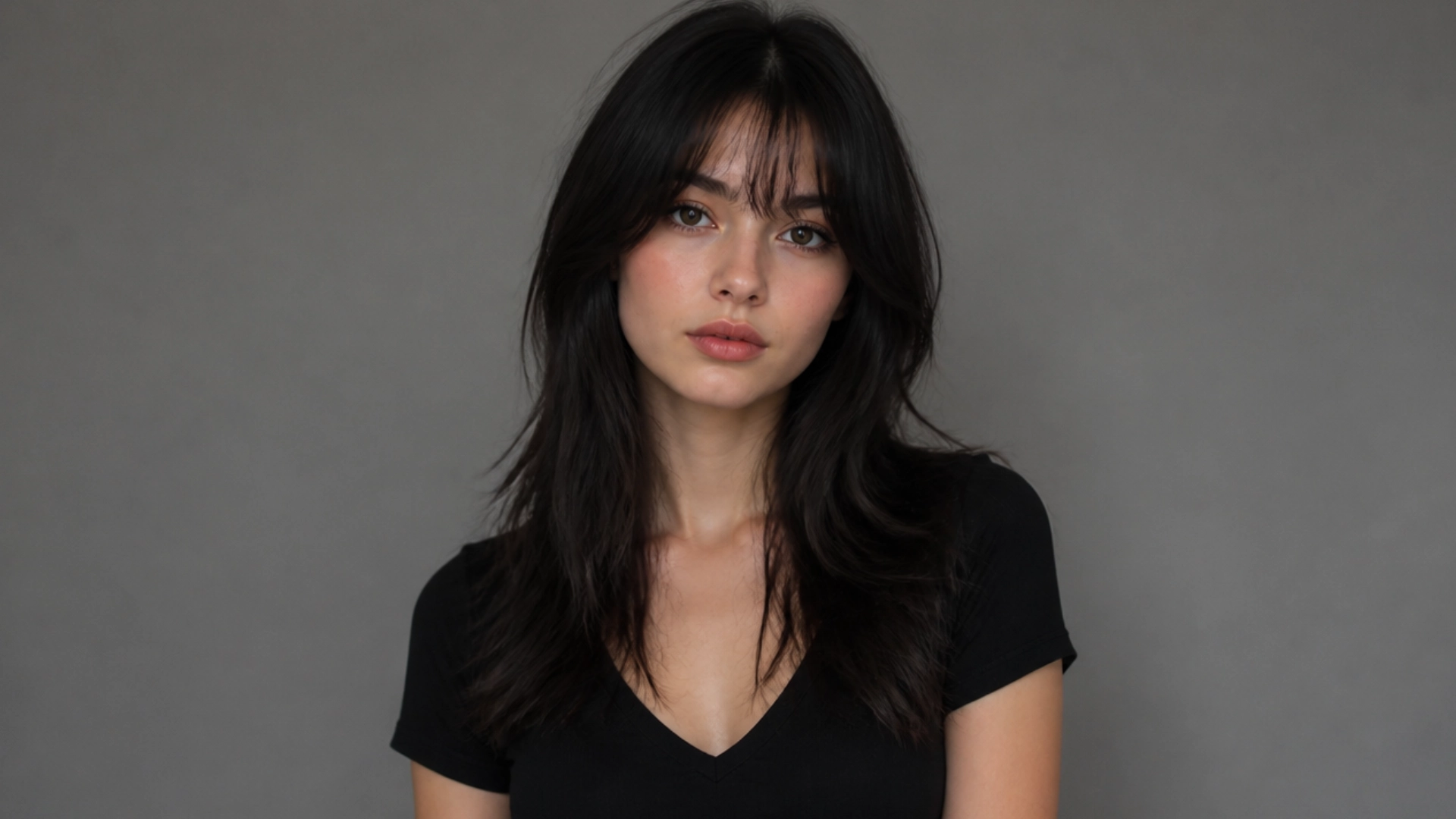 A woman with long black hair styled in soft face-framing layers, wearing a black top.