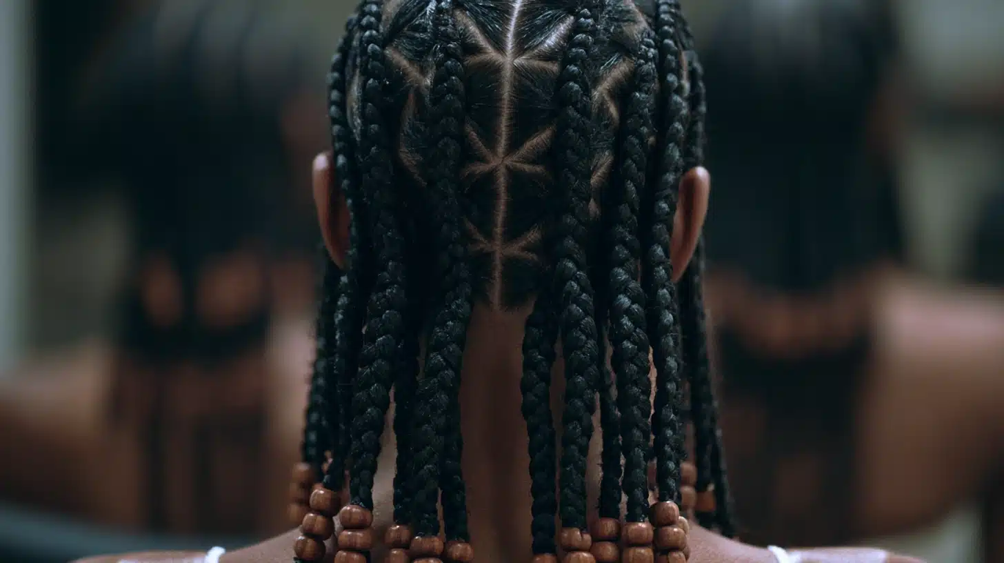 A woman with long braids adorned with beads, showcasing a stylish and vibrant hairstyle.