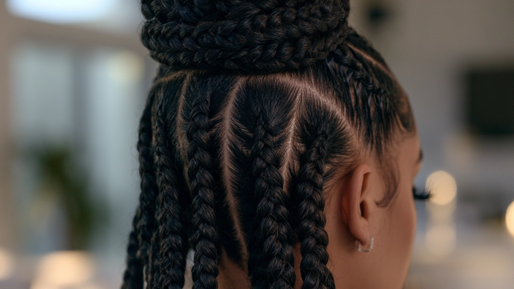 A woman with long braids styled in a half-up, half-down hairstyle, showcasing her hair's texture and length.