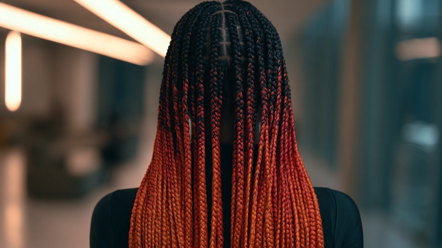 A woman with long braids styled in colorful extensions, dressed in black outfit.