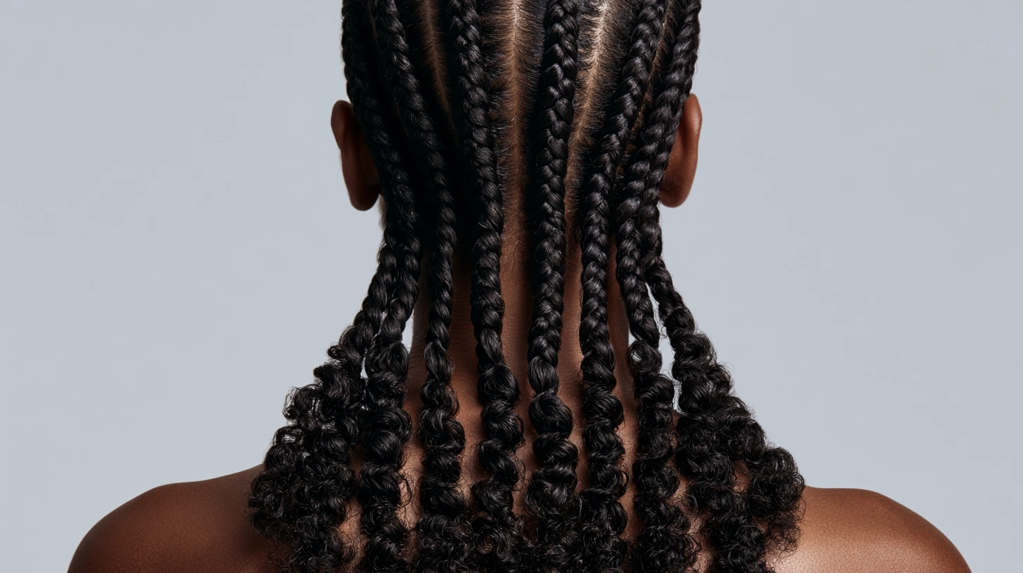 A woman with long braids styled with curly ends, showcasing a vibrant and intricate hairstyle.
