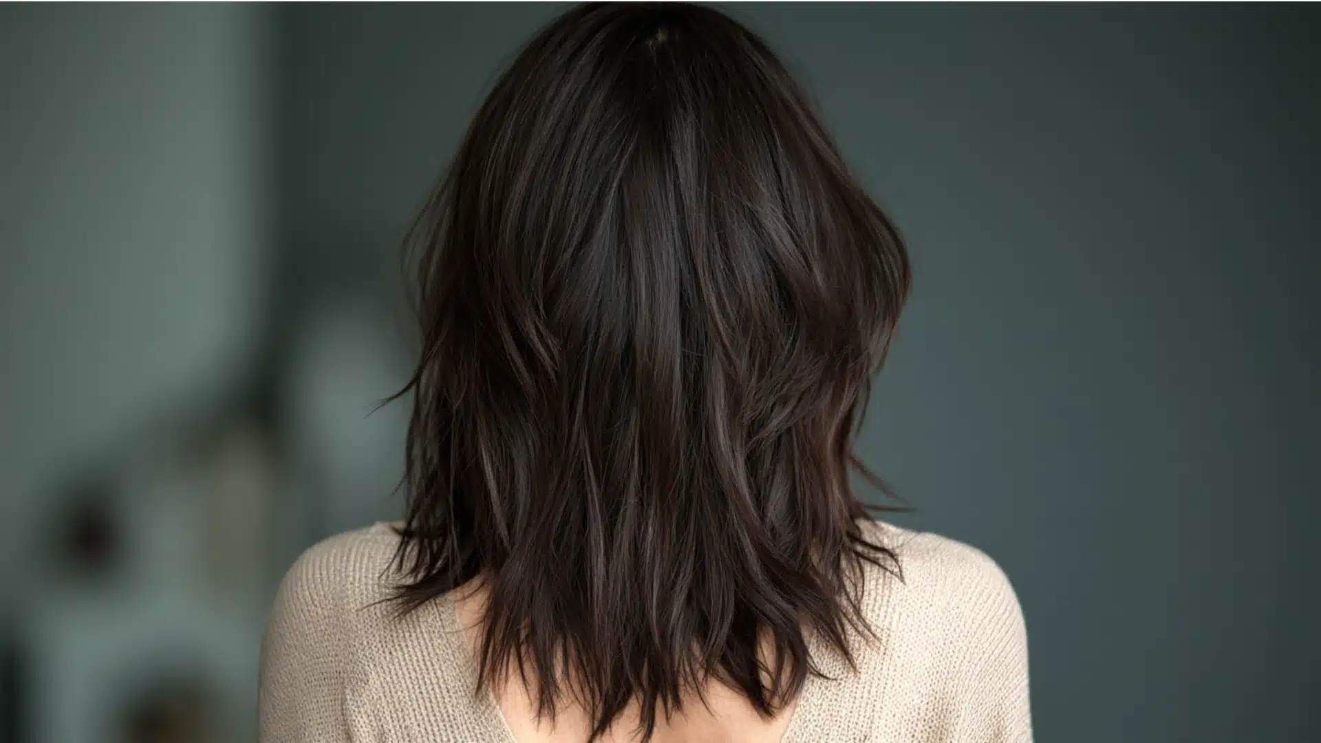 A woman with long, dark hair styled in choppy layers, showcasing texture and movement.