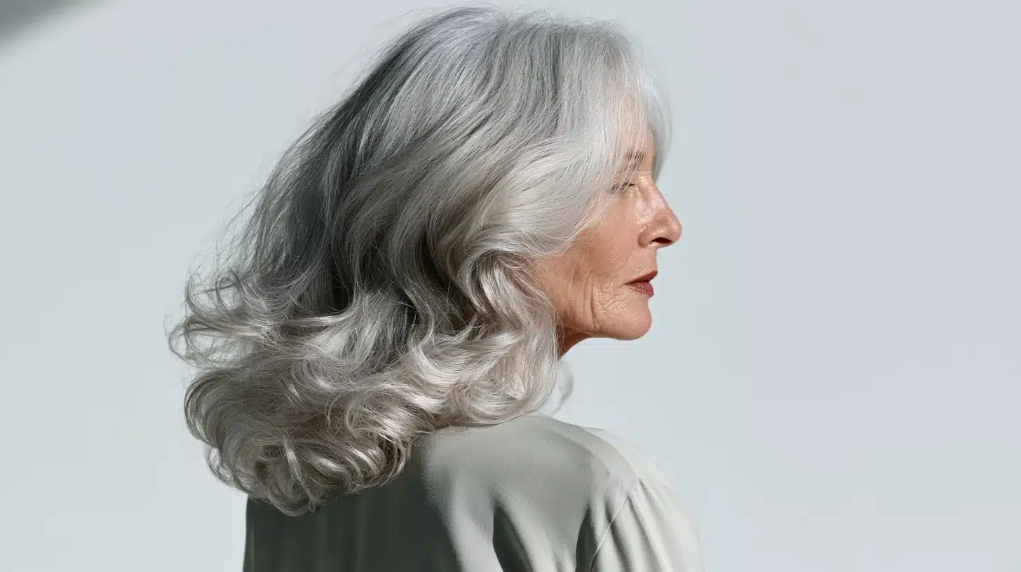 A woman with long gray hair turns her head to look back, showcasing her thoughtful expression.