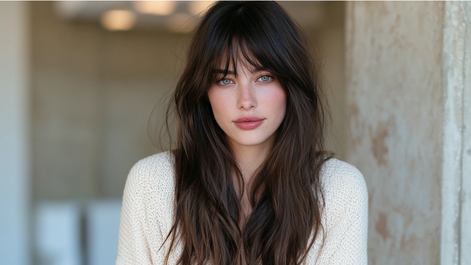 A woman with long hair and blue eyes, featuring soft, wispy bangs framing her face.