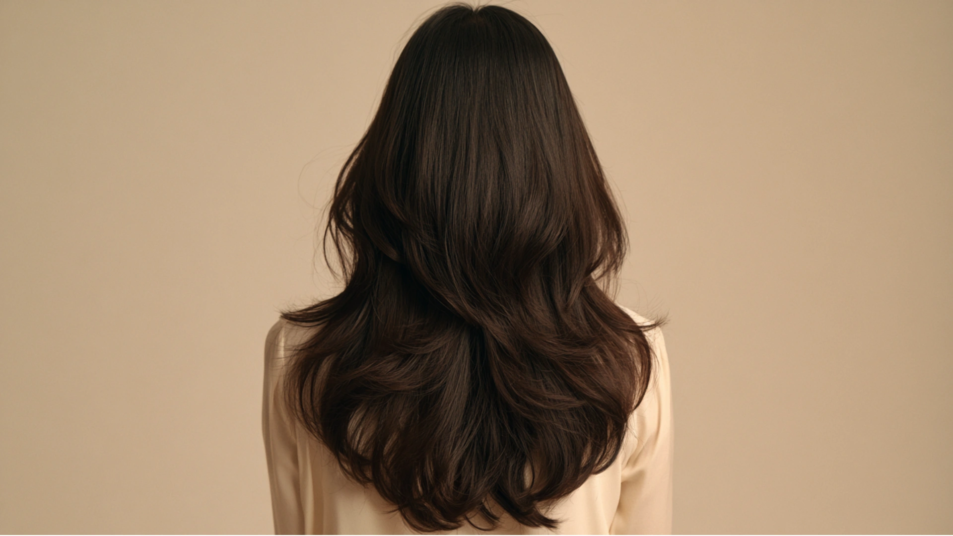 A woman with long hair is viewed from the back, showcasing layered C-curl hairstyle.