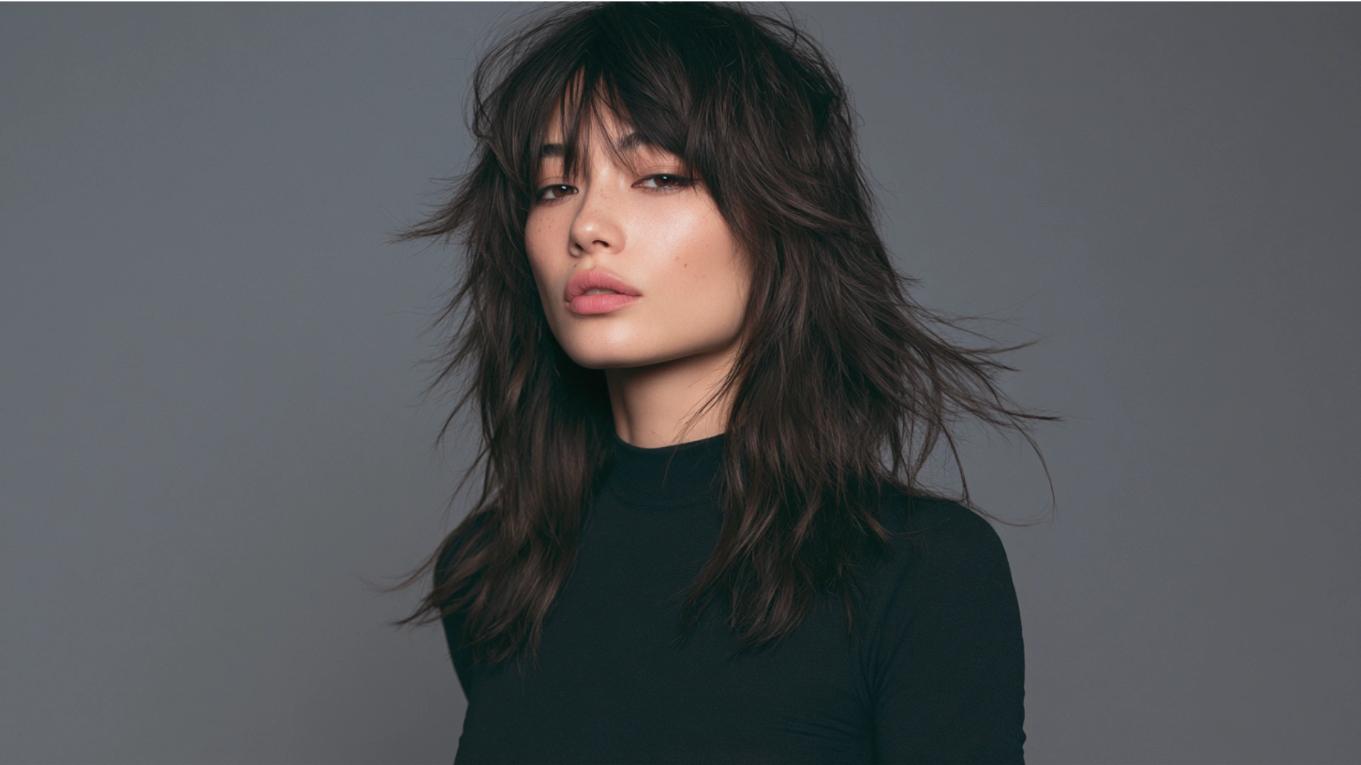 A woman with long hair styled in a wolf cut, wearing a black top, poses confidently for the camera.