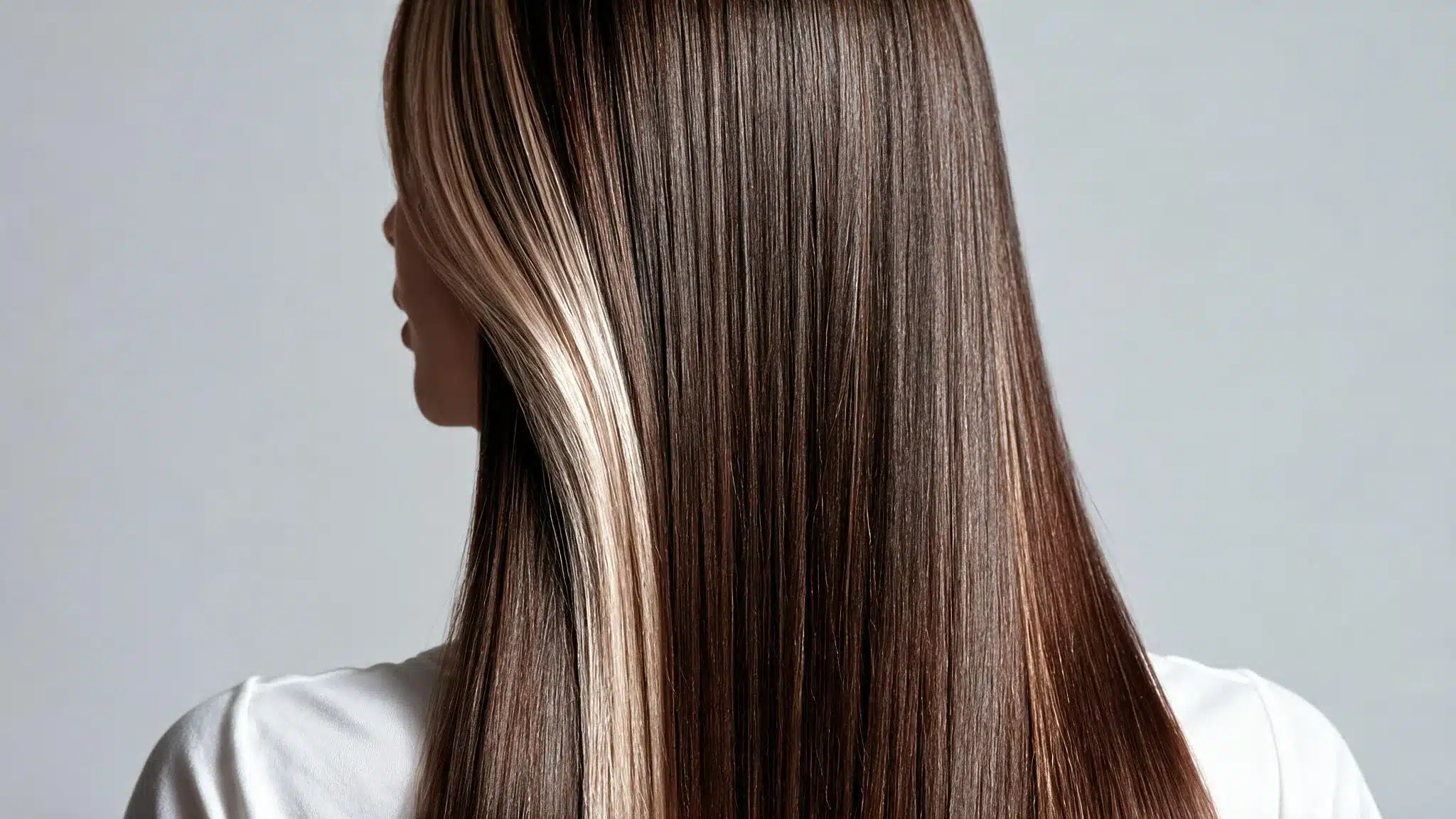 A woman with long, straight brown hair featuring a blonde money piece framing her face.
