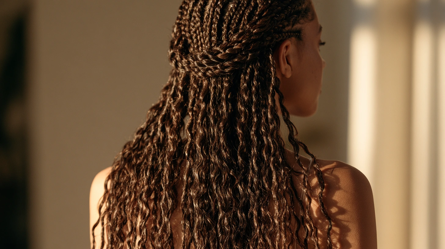 A woman with long, stylish braids poses in front of a window, embodying a boho aesthetic.
