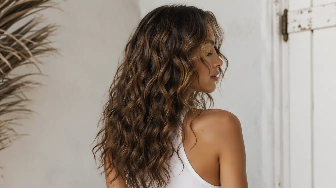 A woman with long wavy hair in a white tank top with beach waves gently framing her face.
