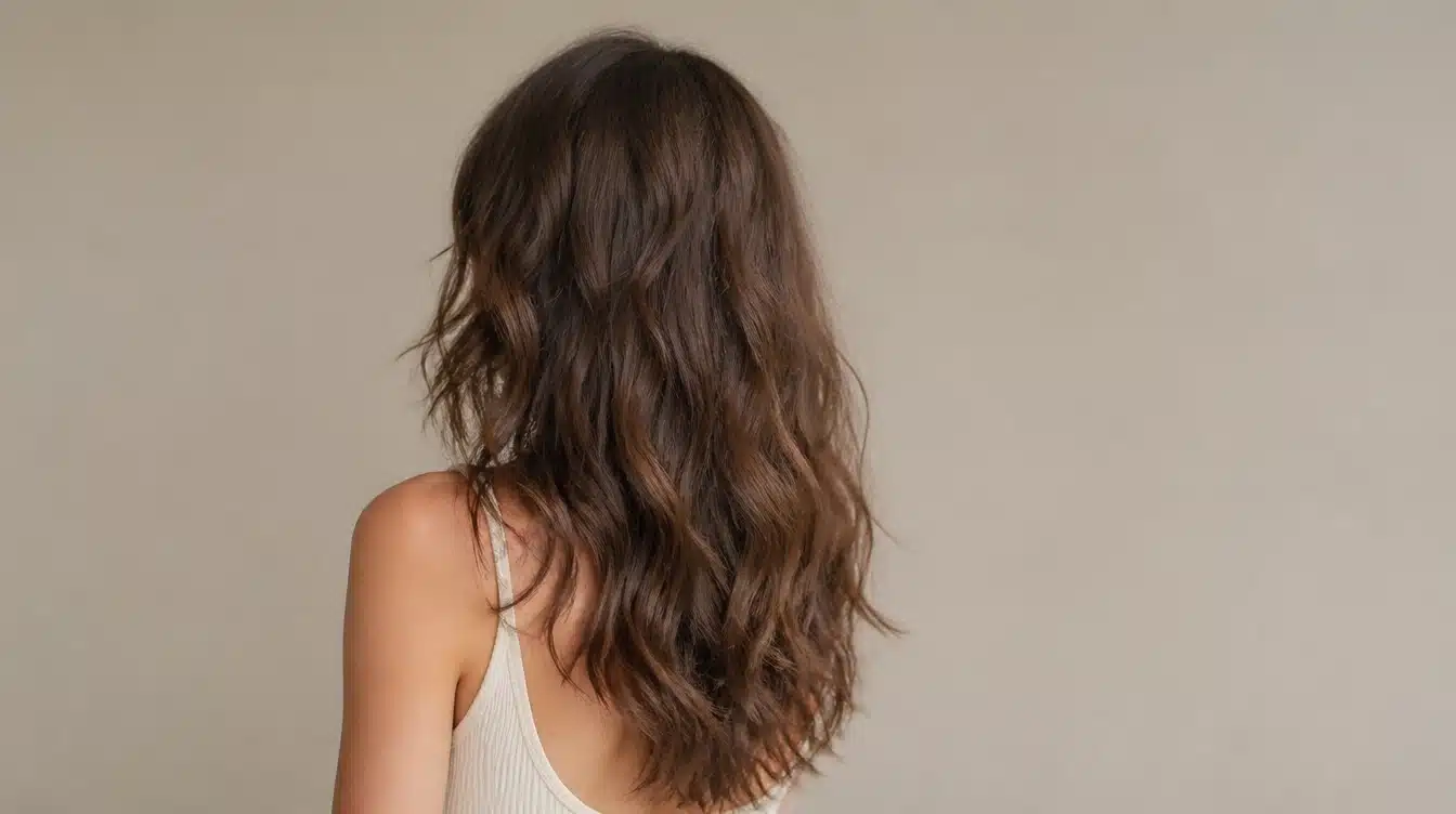 A woman with long, wavy hair stands in front of a textured wall, showcasing a classic <echighlighted><echighlighted><echighlighted><echighlighted><echighlighted><echighlighted>beach wave perm hairstyle.